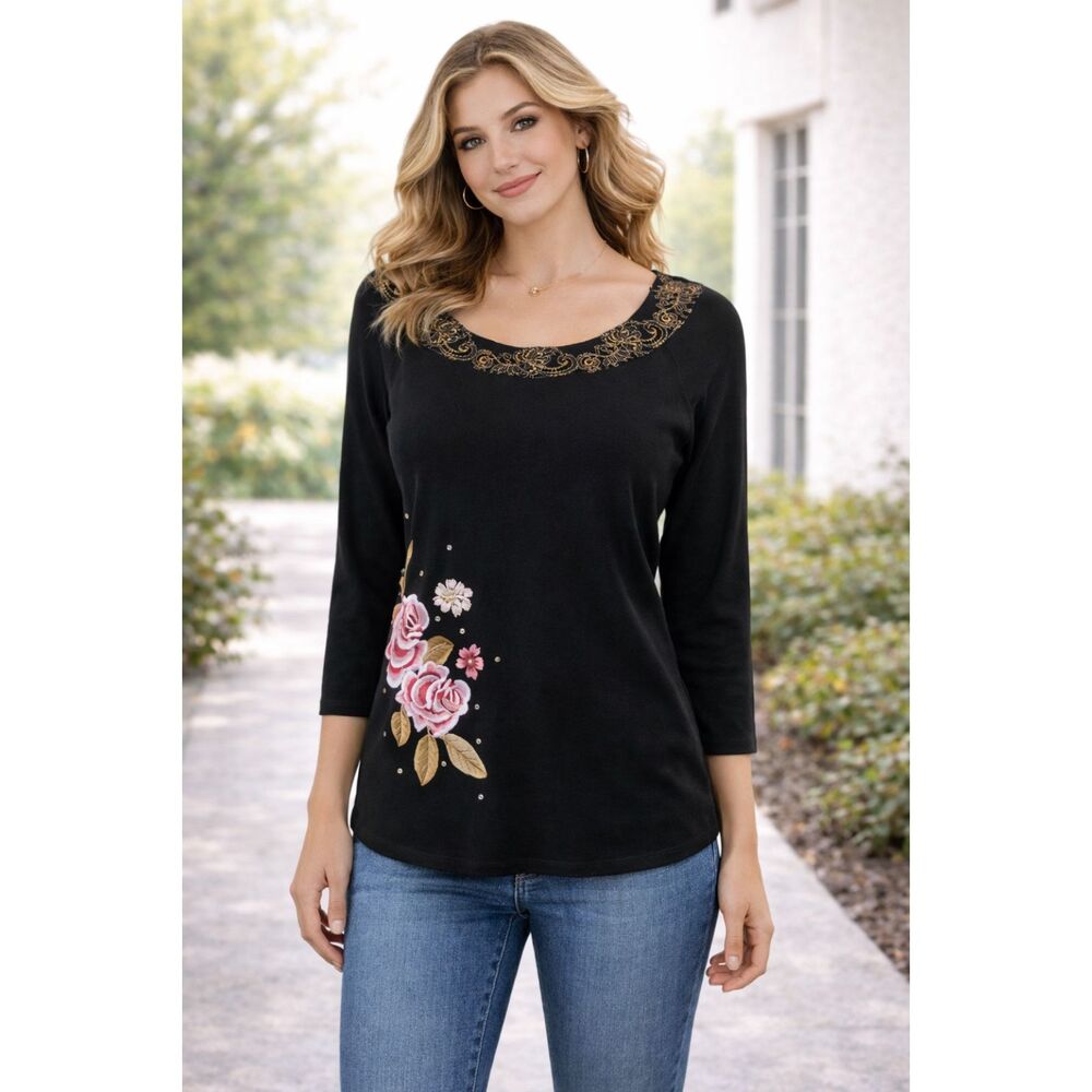 Silk Blend Embroidered Blouse Papell Studio Black M